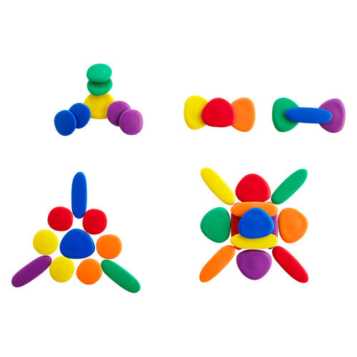 Close-up of colourful pebbles in three shapes from the EDX Education Junior Rainbow Pebbles set