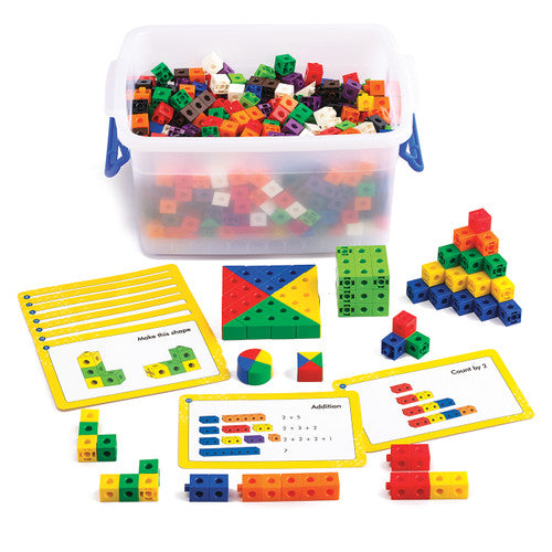 EDX Education Linking Cube Set showing 500 colourful blocks including cubes, triangles, and quadrants in storage container