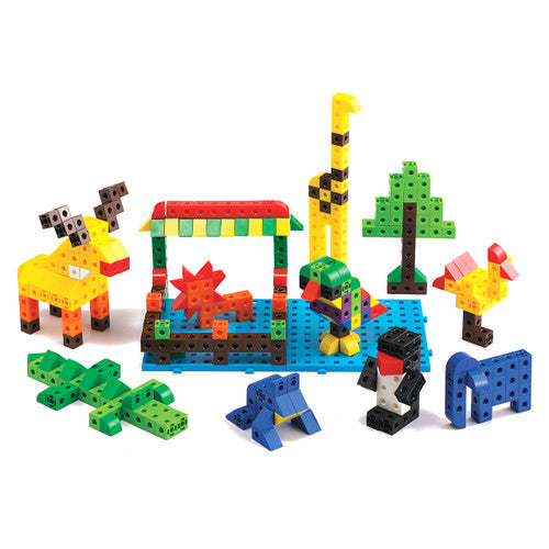 Child-friendly 2cm linking cubes in 10 bright colours arranged on a baseboard with activity cards