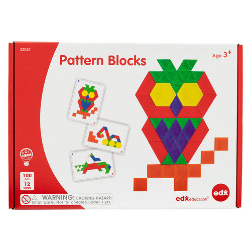 100 plastic pattern blocks in multiple colours spread on a flat surface