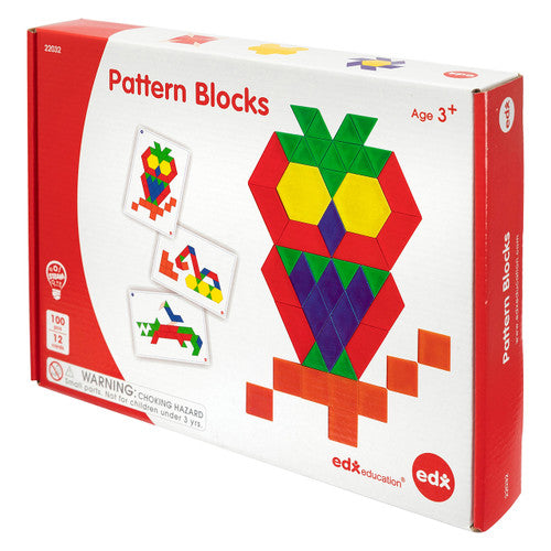 Double-sided activity card showing pattern block arrangement at beginner level