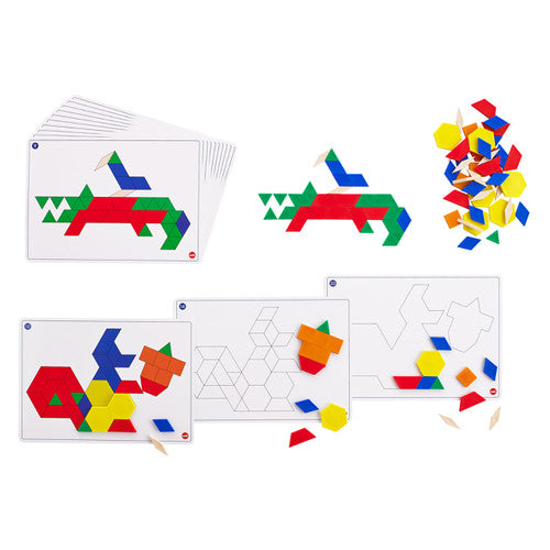 Child arranging colourful pattern blocks to replicate a symmetry design
