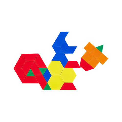 Close-up of hexagon, triangle, and rhombus pattern blocks in yellow, red, and blue