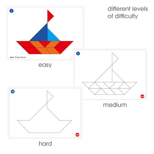 Full EDX Education Pattern Blocks Activity Set contents laid out including blocks and cards