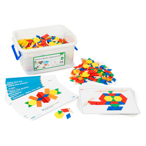 EDX Education Pattern Blocks Classroom Set with 1500 coloured plastic blocks in durable storage container