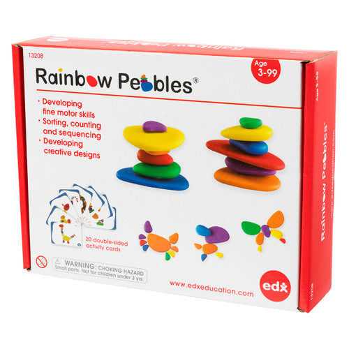 Six sizes and six colours of smooth plastic pebbles arranged by size on a white background
