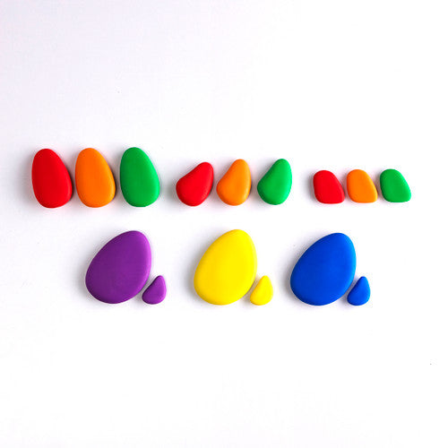 Activity cards from the Rainbow Pebbles set showing sorting and sequencing challenges