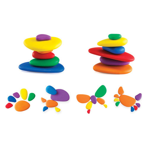 Child's hands sorting Rainbow Pebbles by colour on an activity card