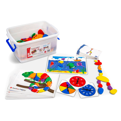 EDX Education Rainbow Pebbles Classroom Set with 252 coloured pebbles, activity cards and spinners in a plastic storage container