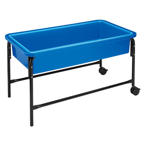 EDX Education blue sand and water play tray on 58cm tubular frame stand with lockable casters