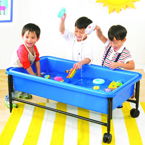 Close-up of EDX Education blue play tray showing 110cm x 60.5cm deep basin and water release plug