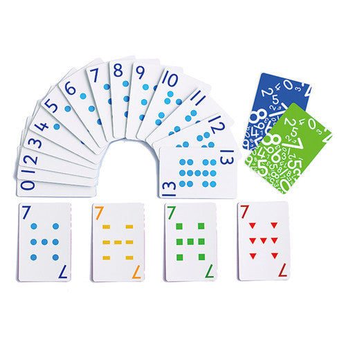 Eight decks of EDX Education school playing cards fanned out showing colour-coded card designs