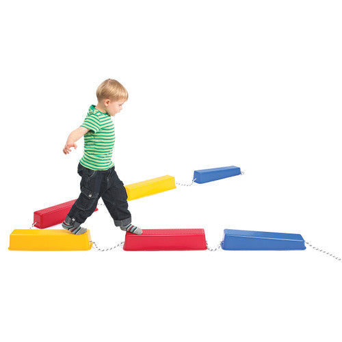 Close-up of an EDX Education Step-a-Log platform showing the robust polypropylene construction and rope connection