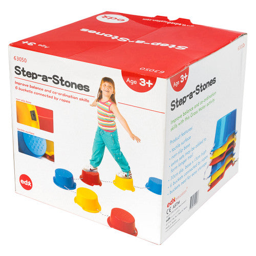 Six EDX Education Step-a-Stones in a row connected by adjustable ropes, showing pimpled platform tops and stable bases