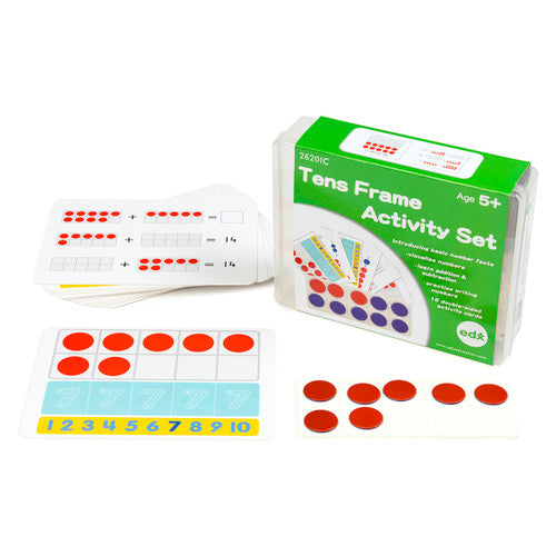 EDX Education Ten Frames Activity Set with plastic container, frames, and counters