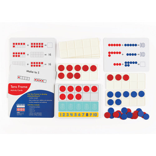 Eight ten frames laid out from the EDX Education numeracy activity set