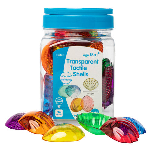Close-up of colourful transparent shells showing varied tactile surface textures