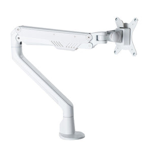 Rapidline Elevate gas operated single monitor arm in white, shown extended with the VESA head tilted and the clamp base at the bottom of the post