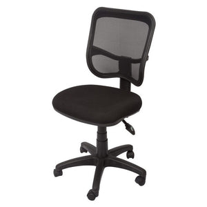 Rapidline EM300 operator chair with black mesh back and black fabric seat, three quarter view showing the levers and black 5 star base.