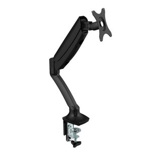 Rapidline Executive gas spring single monitor arm in black, side view of the arm, VESA plate and desk clamp