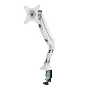 Rapidline Executive gas spring single monitor arm in white, side view of the arm, VESA plate and desk clamp