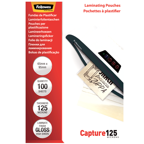 Fellowes Glossy 125 Micron Laminating Pouches 65x95mm 100 Pack