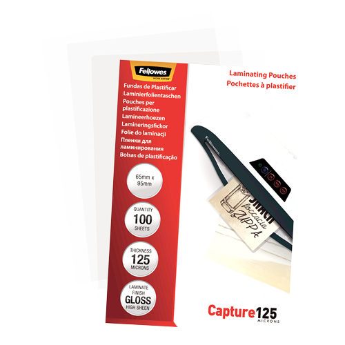 Fellowes Glossy 125 Micron Laminating Pouches 65x95mm 100 Pack