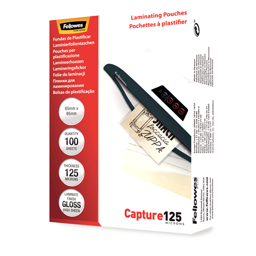 Fellowes Glossy 125 Micron Laminating Pouches 65x95mm 100 Pack