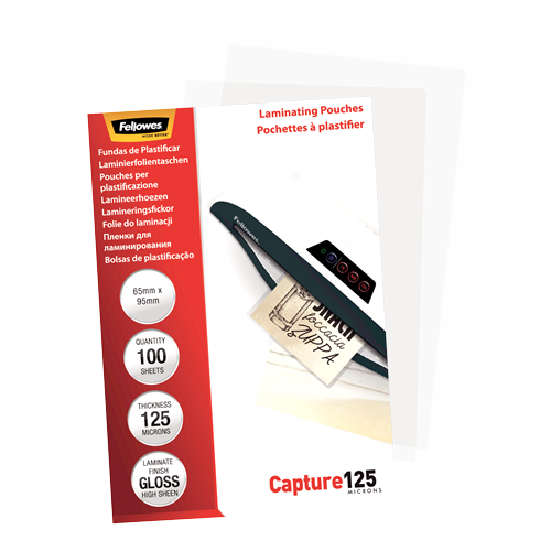 Fellowes Glossy 125 Micron Laminating Pouches 65x95mm 100 Pack