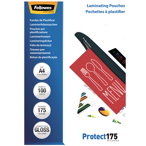 Fellowes Glossy A4 175 Micron Laminating Pouch 100 Pack