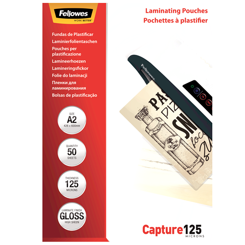 Fellowes Glossy A2 125 Micron Laminating Pouch 50 Pack