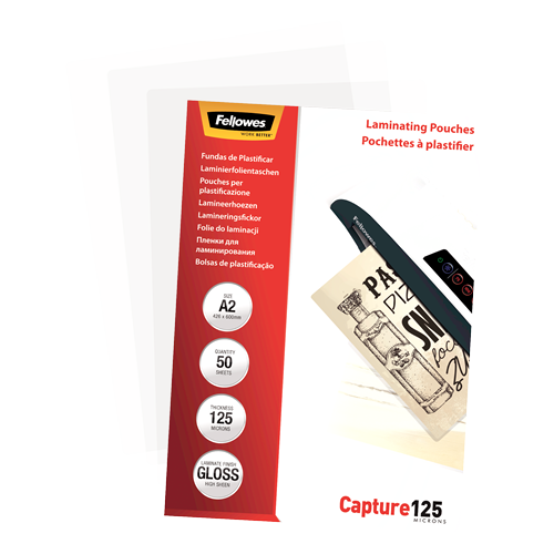 Fellowes Glossy A2 125 Micron Laminating Pouch 50 Pack