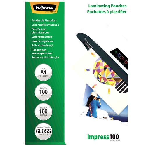 Fellowes Glossy A4 100 Micron Laminating Pouch 100 Pack
