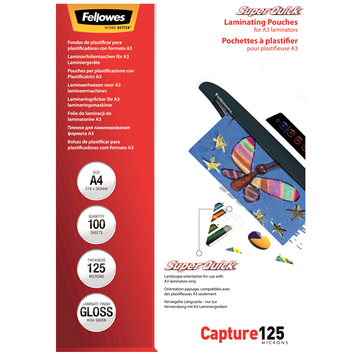 Fellowes SuperQuick A4 Glossy 125 Micron Laminating Pouch 100 Pack