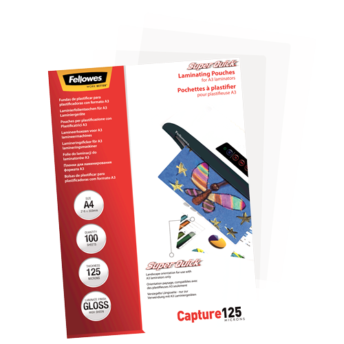Fellowes SuperQuick A4 Glossy 125 Micron Laminating Pouch 100 Pack