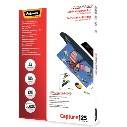 Fellowes SuperQuick A4 Glossy 125 Micron Laminating Pouch 100 Pack