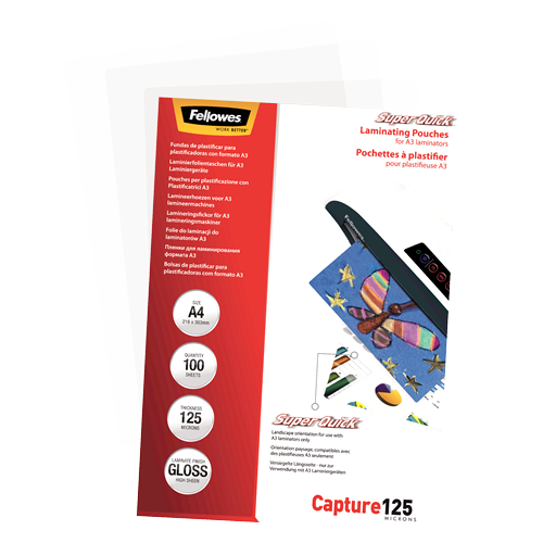 Fellowes SuperQuick A4 Glossy 125 Micron Laminating Pouch 100 Pack