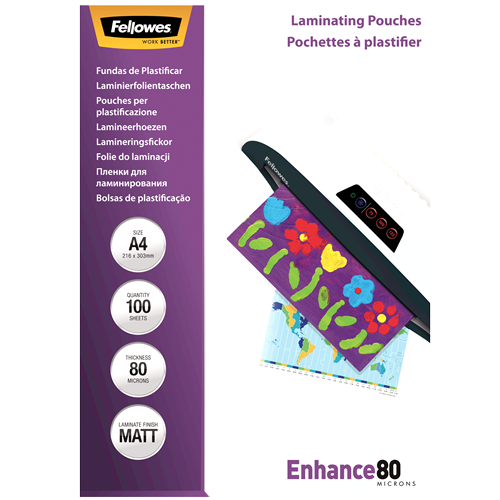 Fellowes Matt A4 80 Micron Laminating Pouch Pack 100