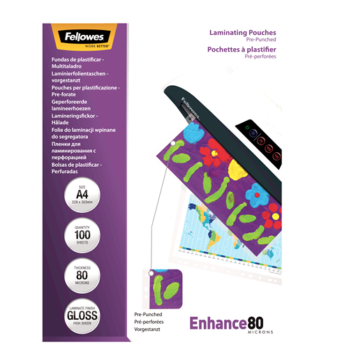 Fellowes Pre-Punched A4 80 Micron Laminating Pouch Pack 100