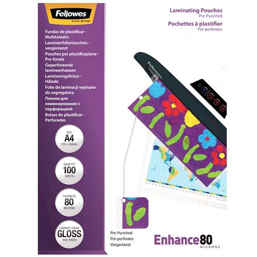 Fellowes Pre-Punched A4 80 Micron Laminating Pouch Pack 100