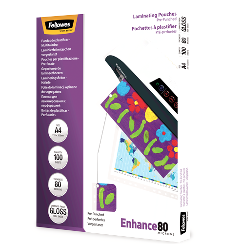 Fellowes Pre-Punched A4 80 Micron Laminating Pouch Pack 100