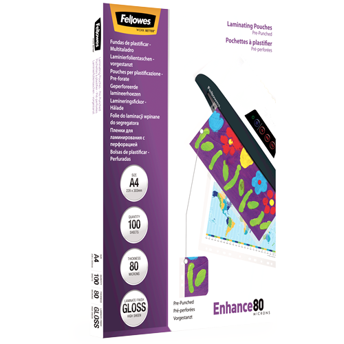 Fellowes Pre-Punched A4 80 Micron Laminating Pouch Pack 100