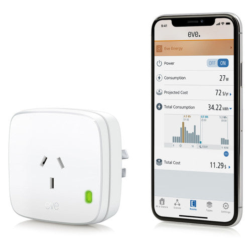 Eve Energy Smart Plug plugged into an AU wall outlet