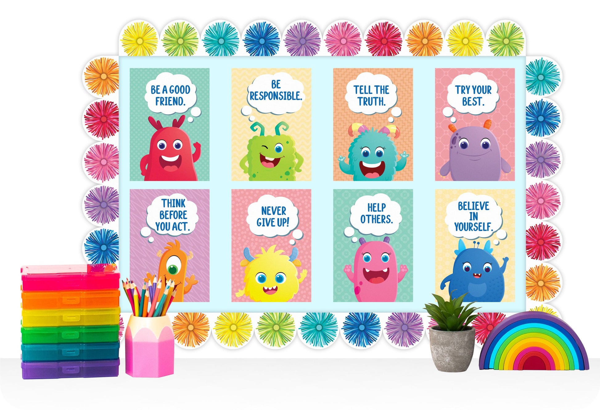 Learning Can Be Fun Giggle & Grow Rainbow Scalloped Pom Poms Classroom Border Pack of 12-2