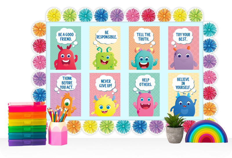 Learning Can Be Fun Giggle & Grow Rainbow Scalloped Pom Poms Classroom Border Pack of 12-2