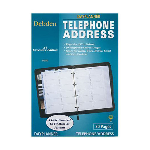 Collins Debden EX5002 Dayplanner Executive Size Telephone/Address 4 Ring Refill