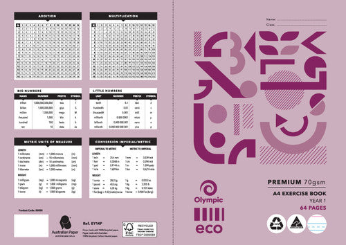 Olympic Eco Exercise Book A4 48 Pages Year 1 QLD Ruling Stapled Pack of 20
