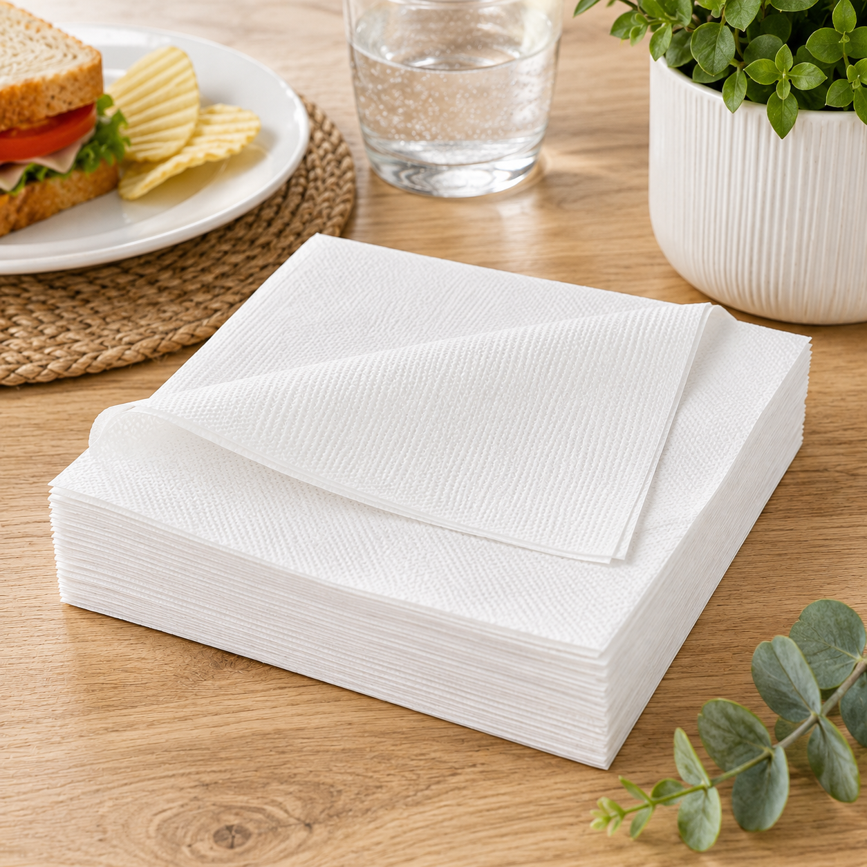 Earth Eco white 1 ply lunch napkins arranged on a timber tabletop with a sandwich, chips, water glass and greenery nearby.