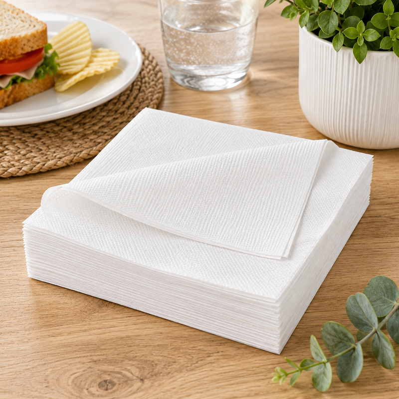 Earth Eco white 1 ply lunch napkins arranged on a timber tabletop with a sandwich, chips, water glass and greenery nearby.