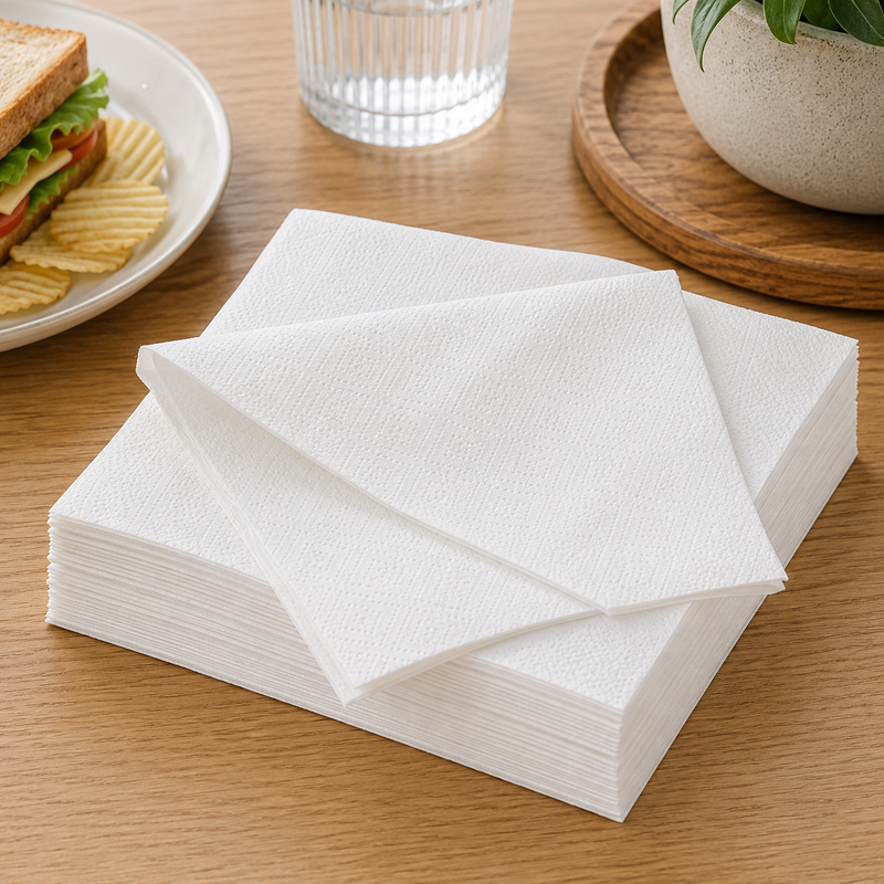 Earth Eco white 2 ply lunch napkins stacked on a wooden table beside a sandwich plate, water glass and potted plant.